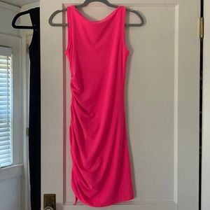 Super bright pink side ruched dress.